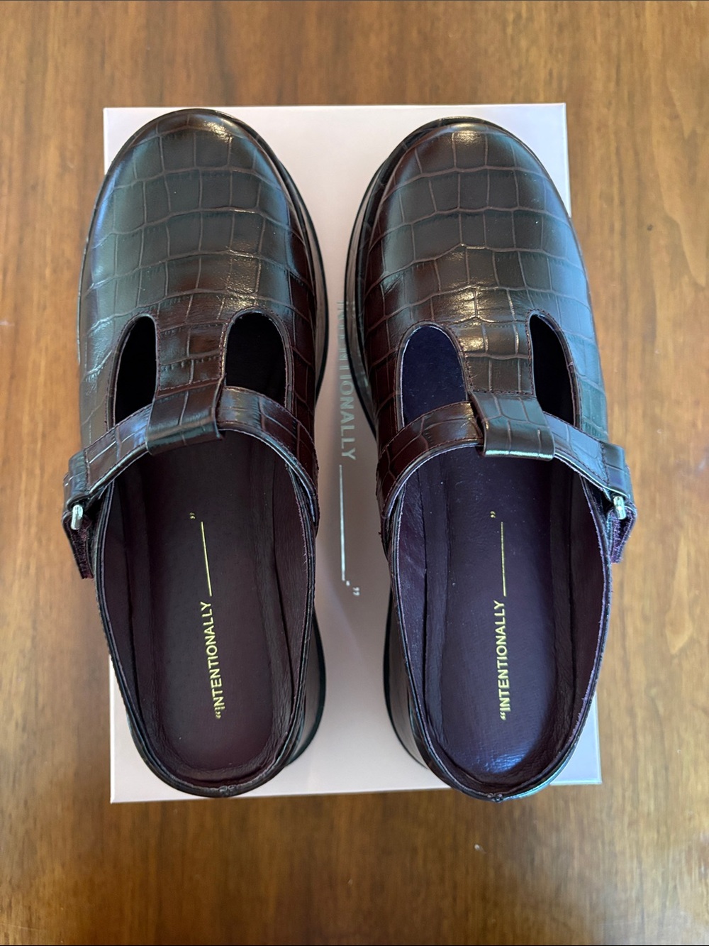 “Intentionally ______ “: Women's Burgundy Croc-Embossed Mary Jane Flats